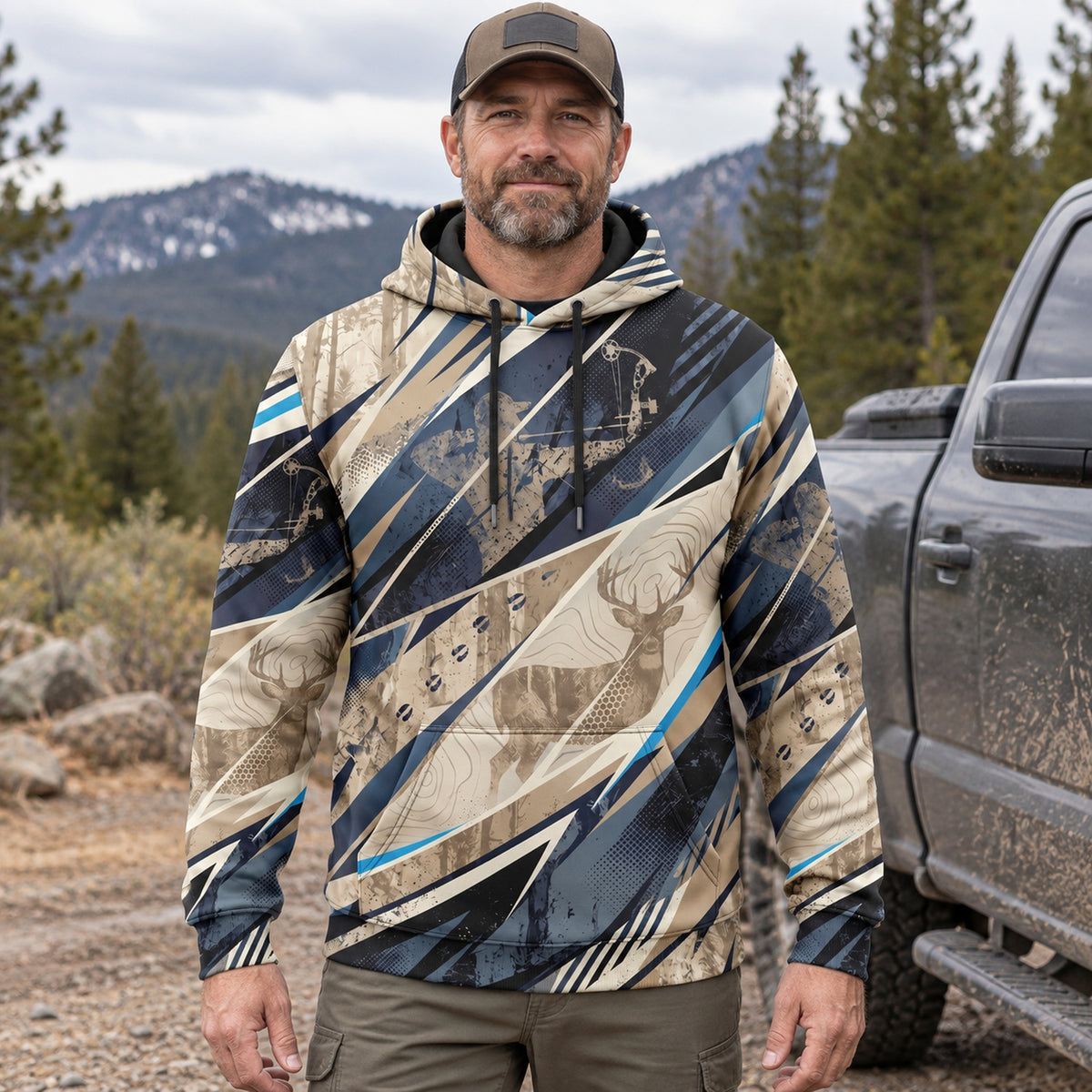 Whitetail Deer Shard Ridge Field Pullover Hoodie worn outdoors