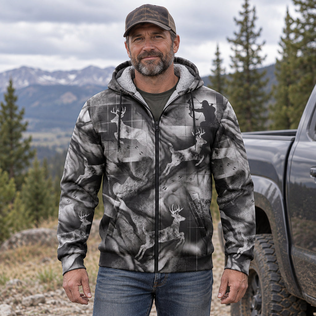 Whitetail Deer Smoke Run Fleece Full-Zip Hoodie worn outdoors