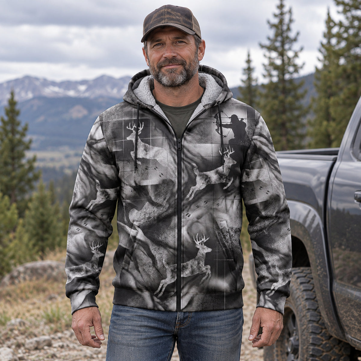 Whitetail Deer Smoke Run Fleece Full-Zip Hoodie worn outdoors