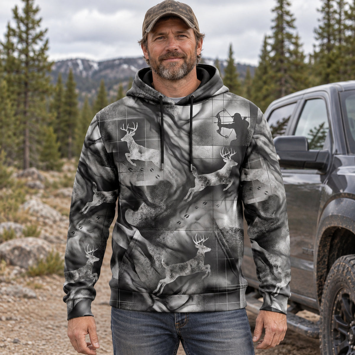 Whitetail Deer Smoke Run Field Pullover Hoodie worn outdoors
