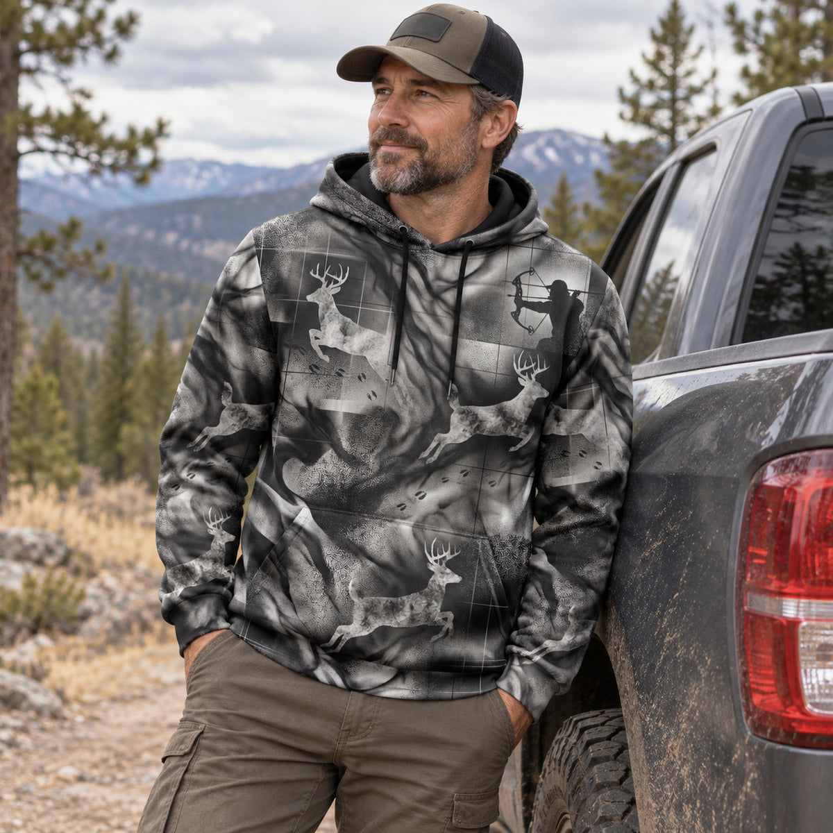 Whitetail Deer Smoke Run Field Pullover Hoodie angled view