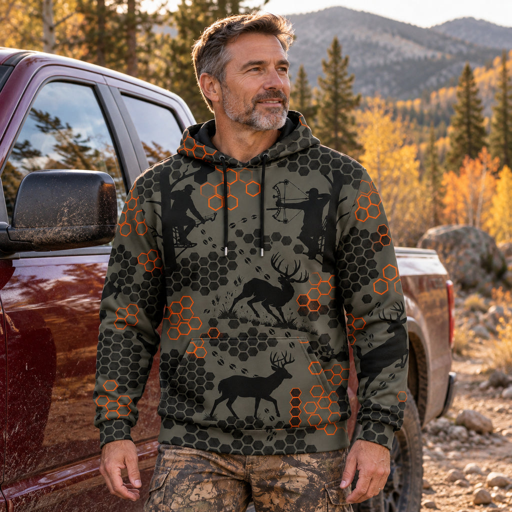 Whitetail Deer Rust Comb Field Pullover Hoodie worn outdoors