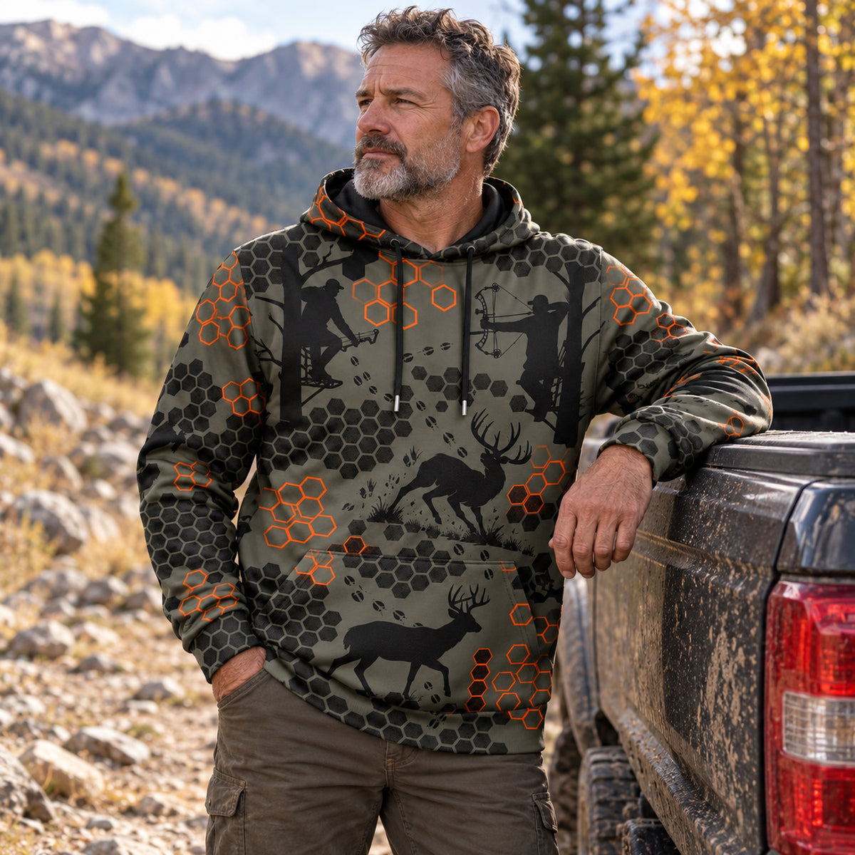 Whitetail Deer Rust Comb Field Pullover Hoodie angled view