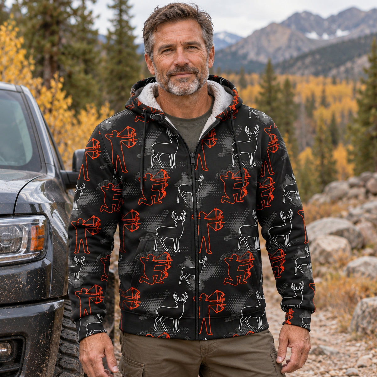 Whitetail Deer Line Icon Fleece Full-Zip Hoodie worn outdoors