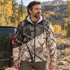 Whitetail Deer Thicket Veil Fleece Full-Zip Hoodie worn outdoors