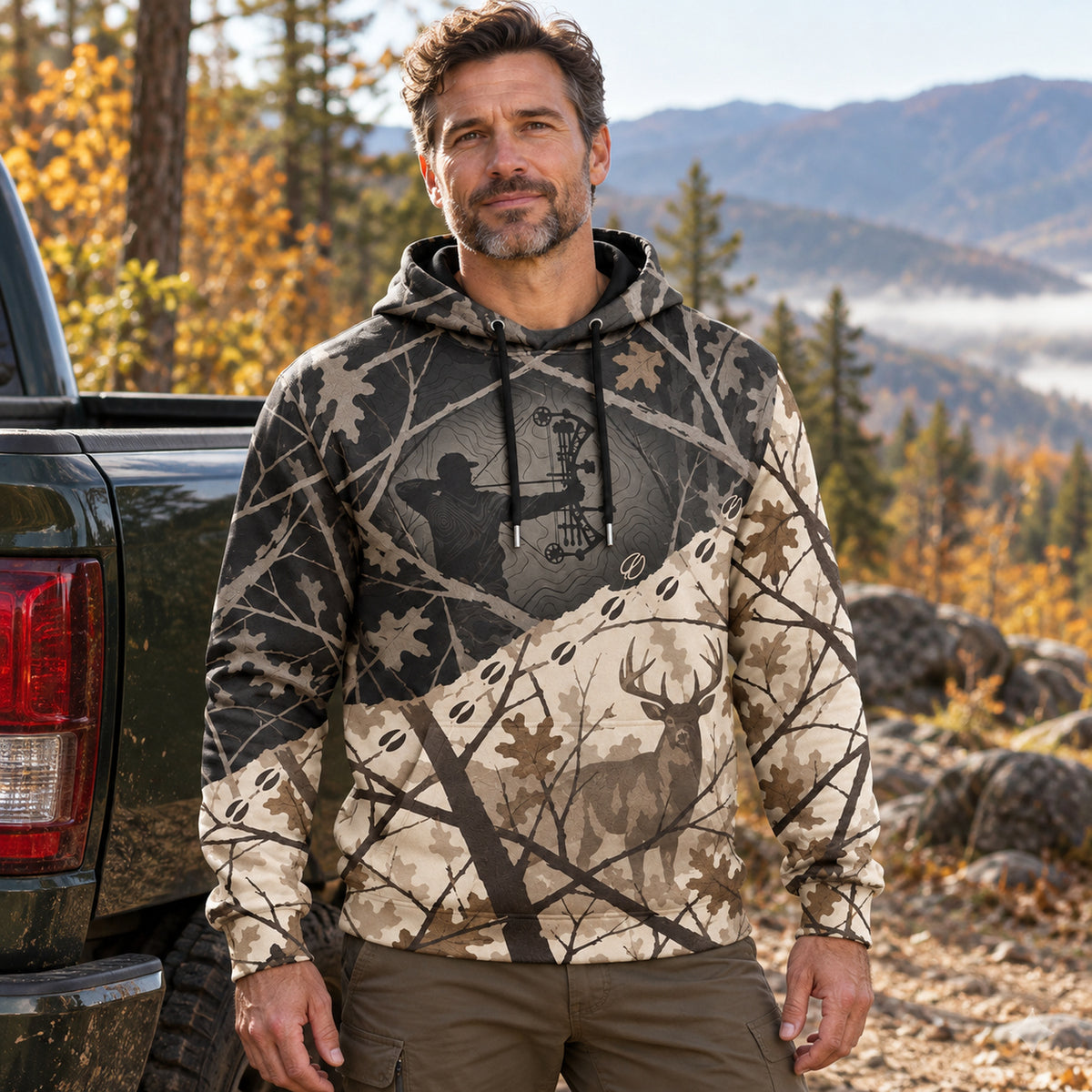 Whitetail Deer Thicket Veil Field Pullover Hoodie worn outdoors