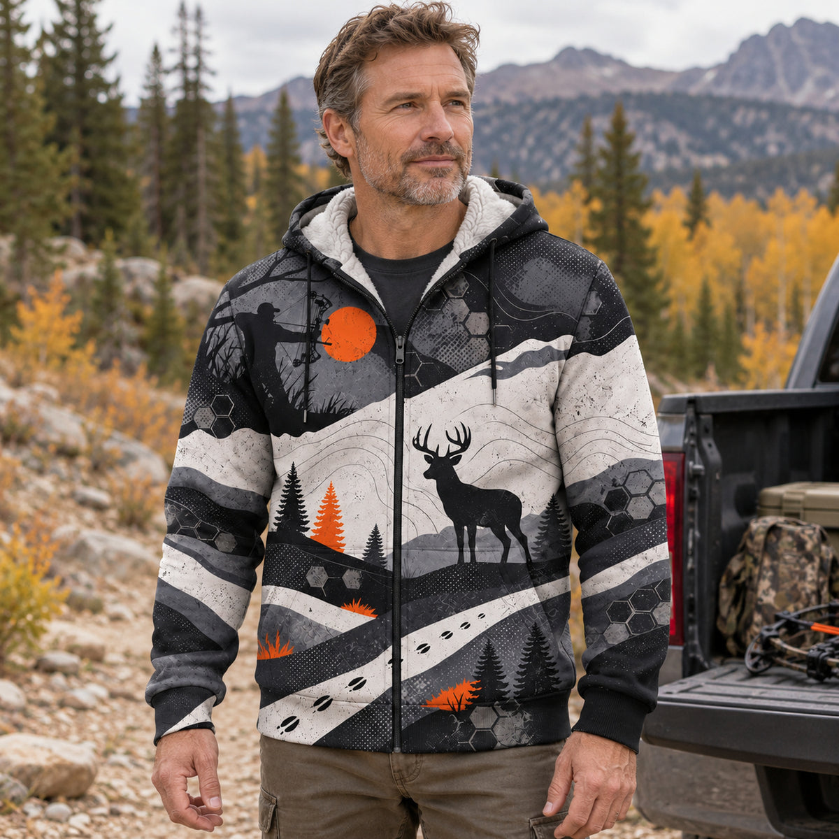 Whitetail Deer Rising Sun Ridge Fleece Full-Zip Hoodie worn outdoors