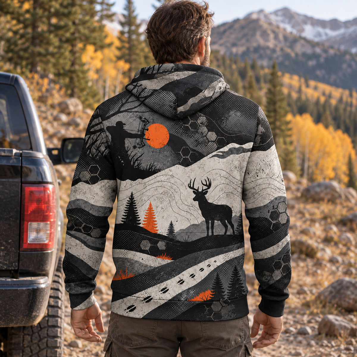 Whitetail Deer Rising Sun Ridge Field Pullover Hoodie back