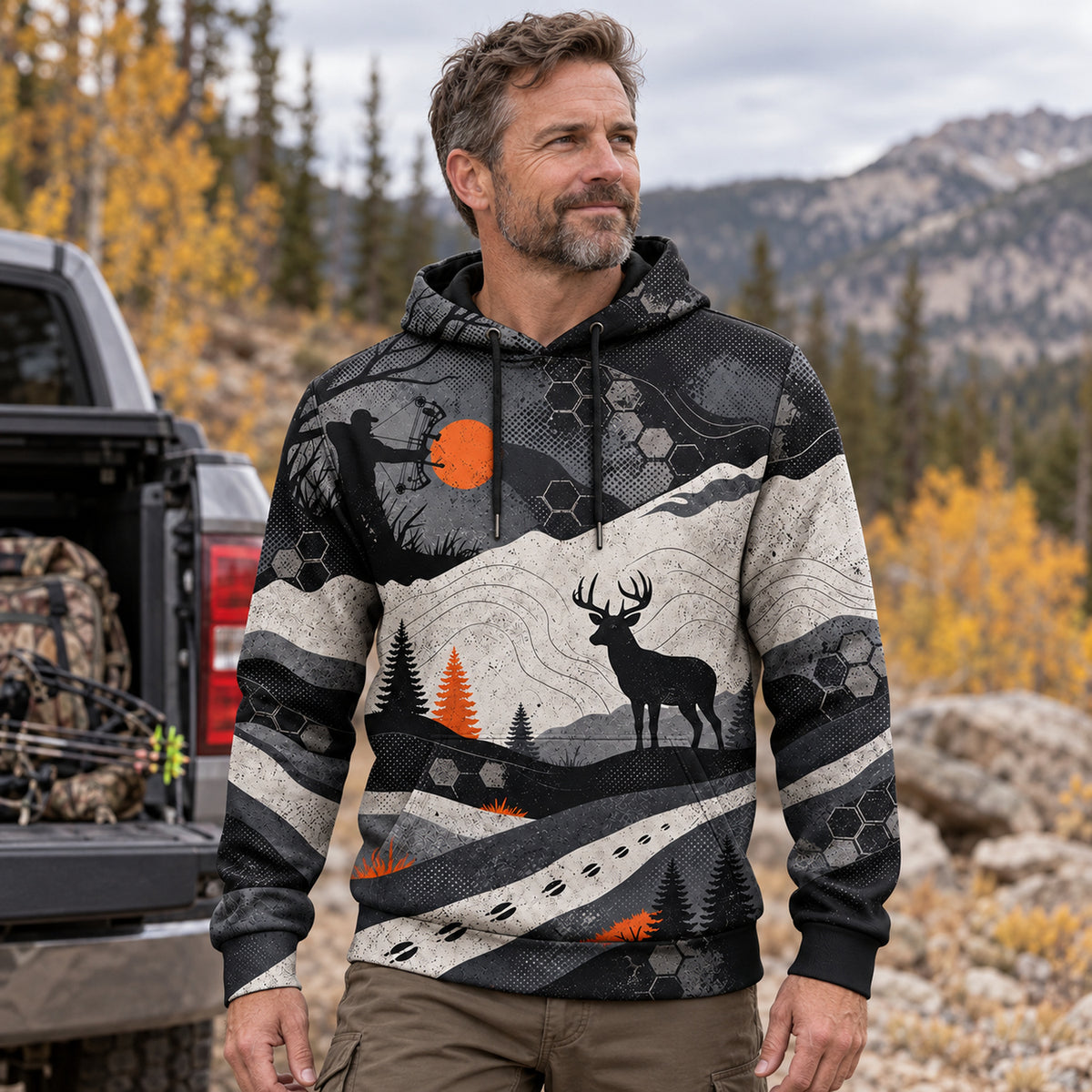 Whitetail Deer Rising Sun Ridge Field Pullover Hoodie worn outdoors