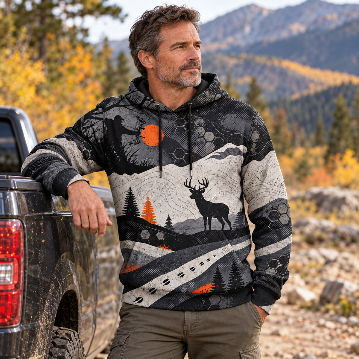 Whitetail Deer Rising Sun Ridge Field Pullover Hoodie angled view