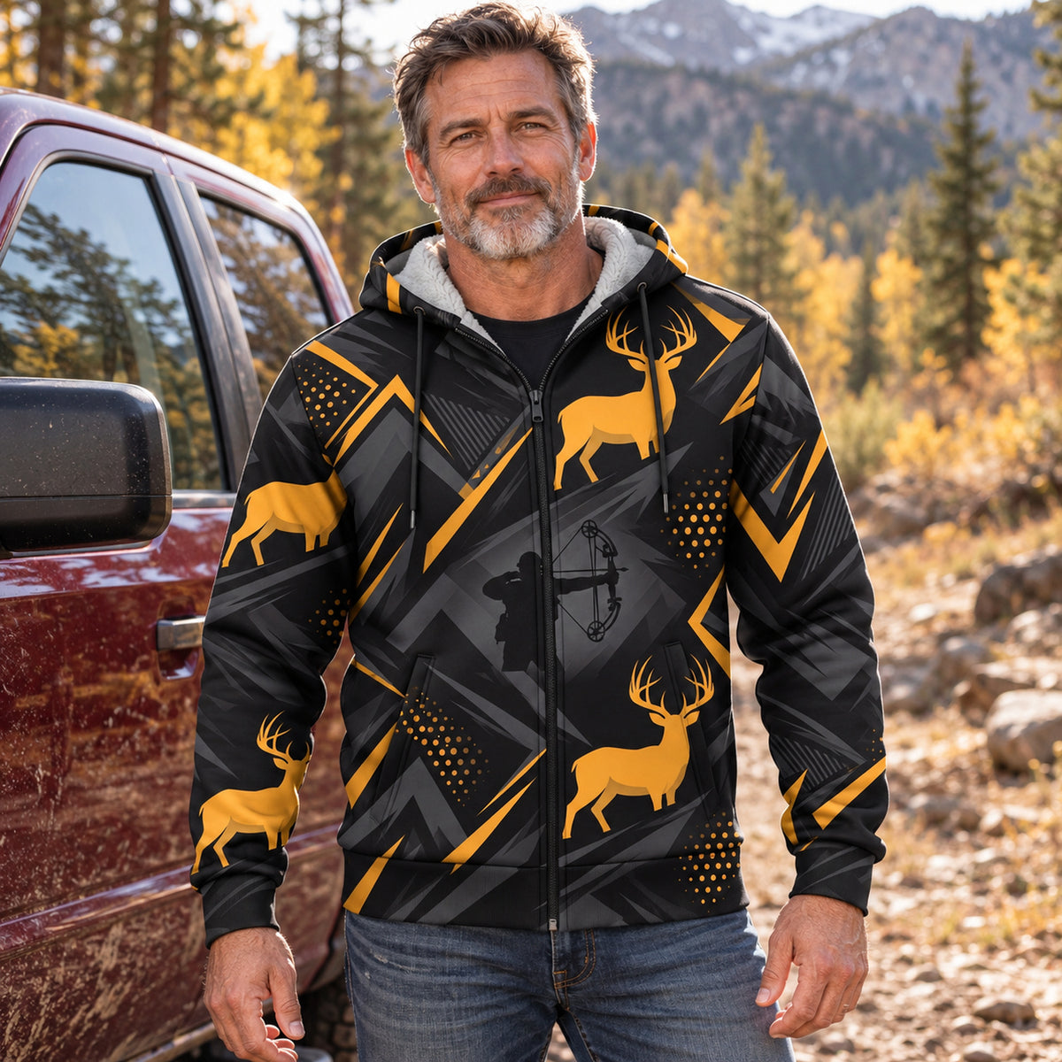 Whitetail Deer Gold Bolt Fleece Full-Zip Hoodie worn outdoors