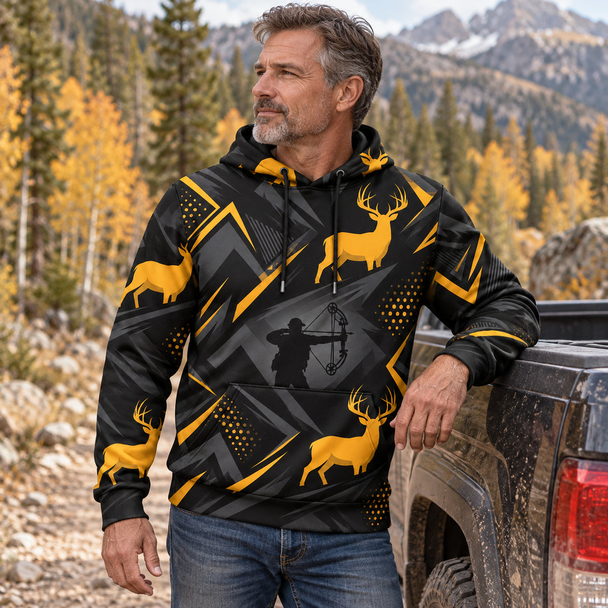 Whitetail Deer Gold Bolt Field Pullover Hoodie angled view