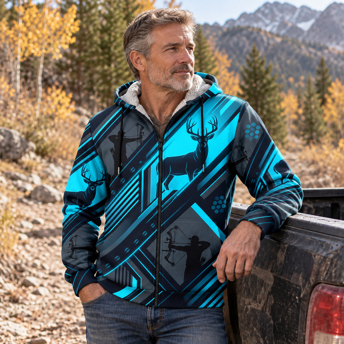 Whitetail Deer Neon Circuit Fleece Full-Zip Hoodie angled view