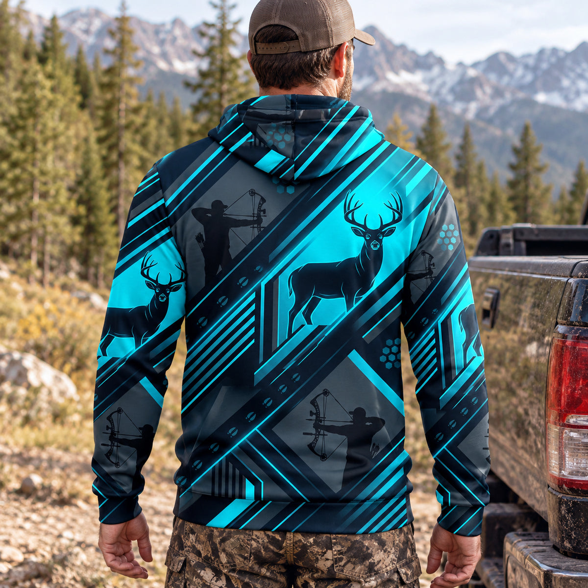 Whitetail Deer Neon Circuit Field Pullover Hoodie back
