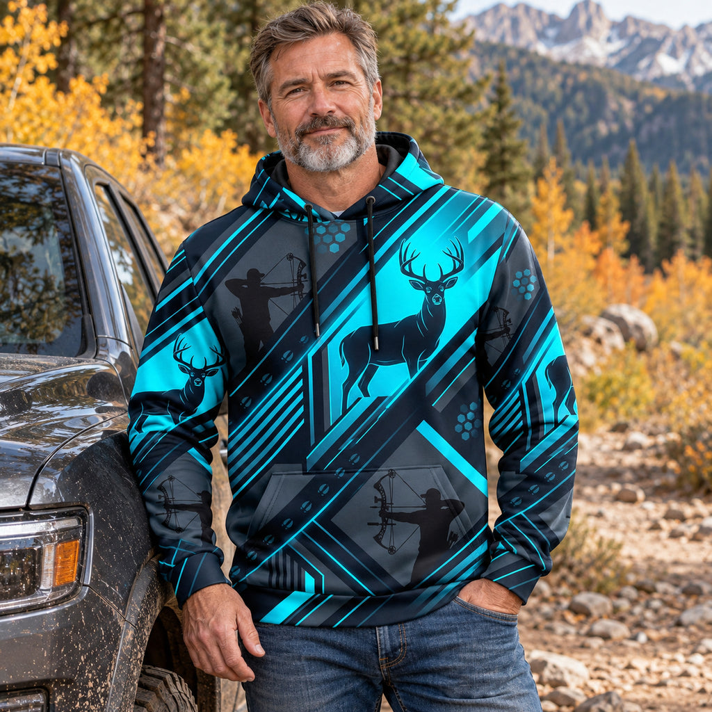 Whitetail Deer Neon Circuit Field Pullover Hoodie worn outdoors