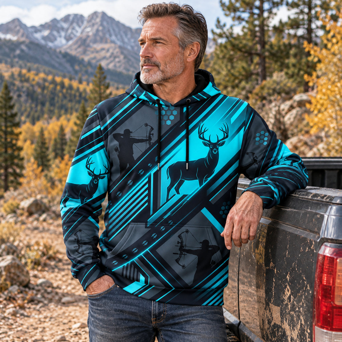 Whitetail Deer Neon Circuit Field Pullover Hoodie angled view