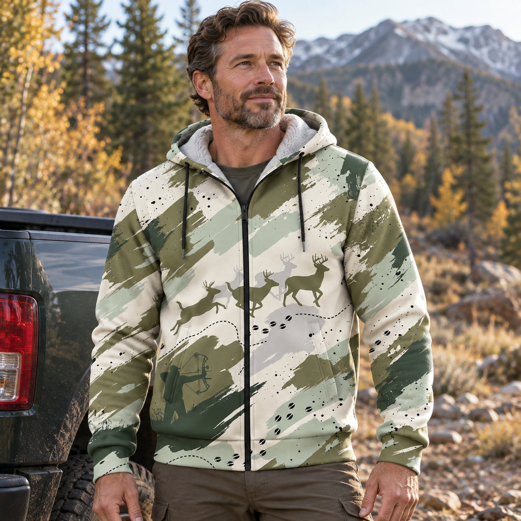 Whitetail Deer Sage Brush Run Fleece Full-Zip Hoodie worn outdoors