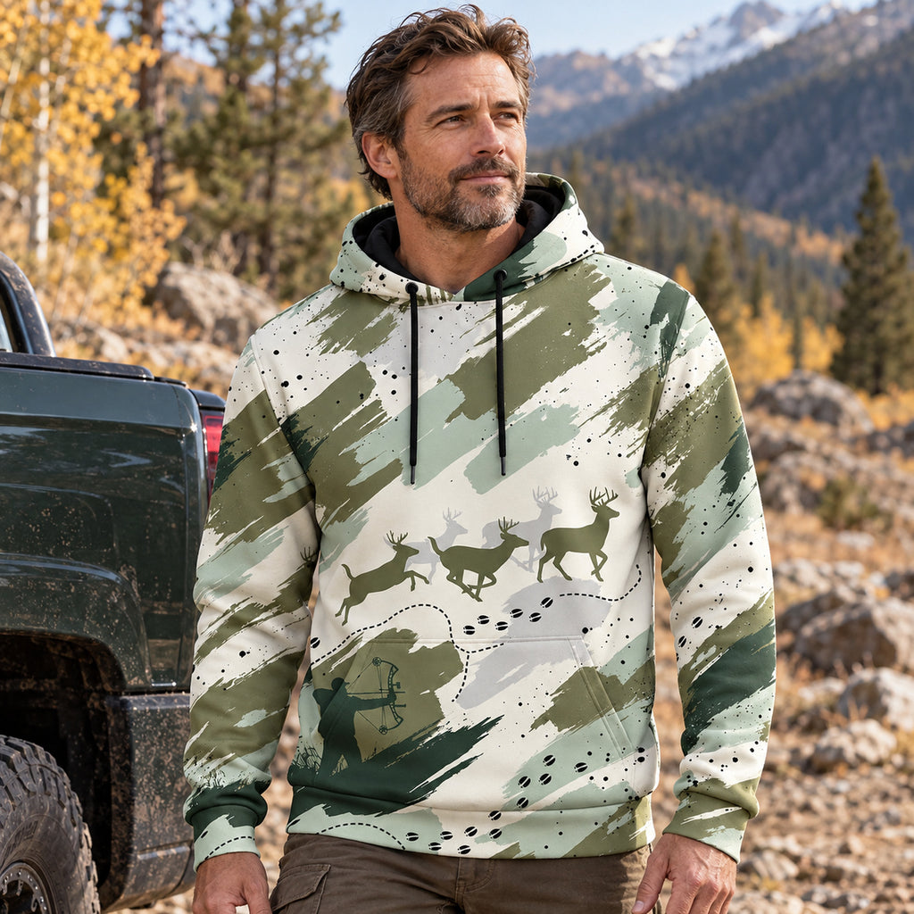 Whitetail Deer Sage Brush Run Field Pullover Hoodie worn outdoors