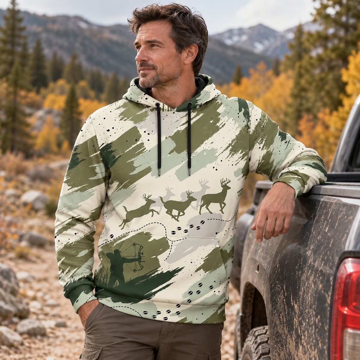 Whitetail Deer Sage Brush Run Field Pullover Hoodie angled view