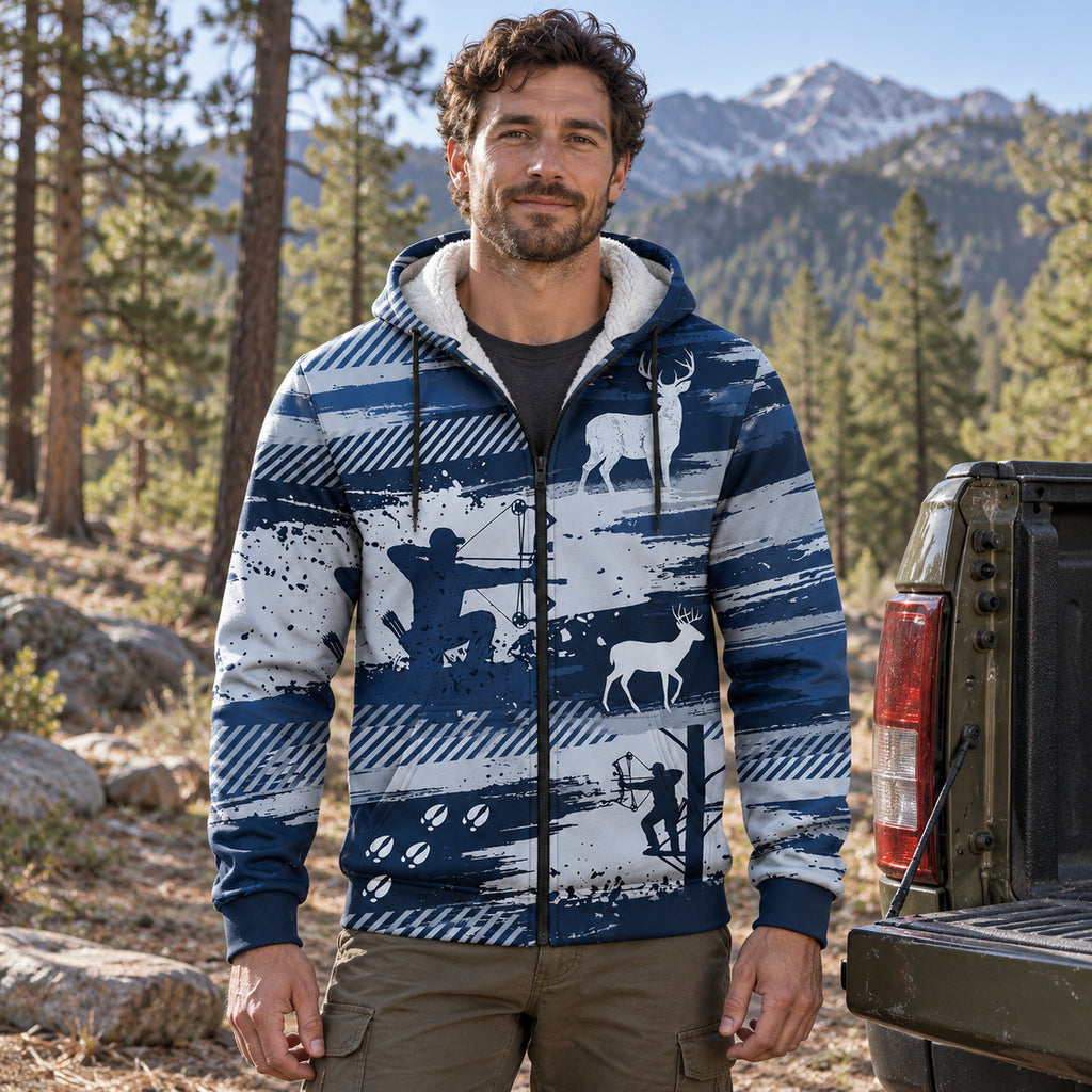 Whitetail Deer Indigo Stand Fleece Full-Zip Hoodie worn outdoors
