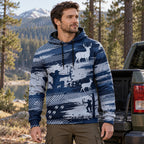 Whitetail Deer Indigo Stand Field Pullover Hoodie worn outdoors