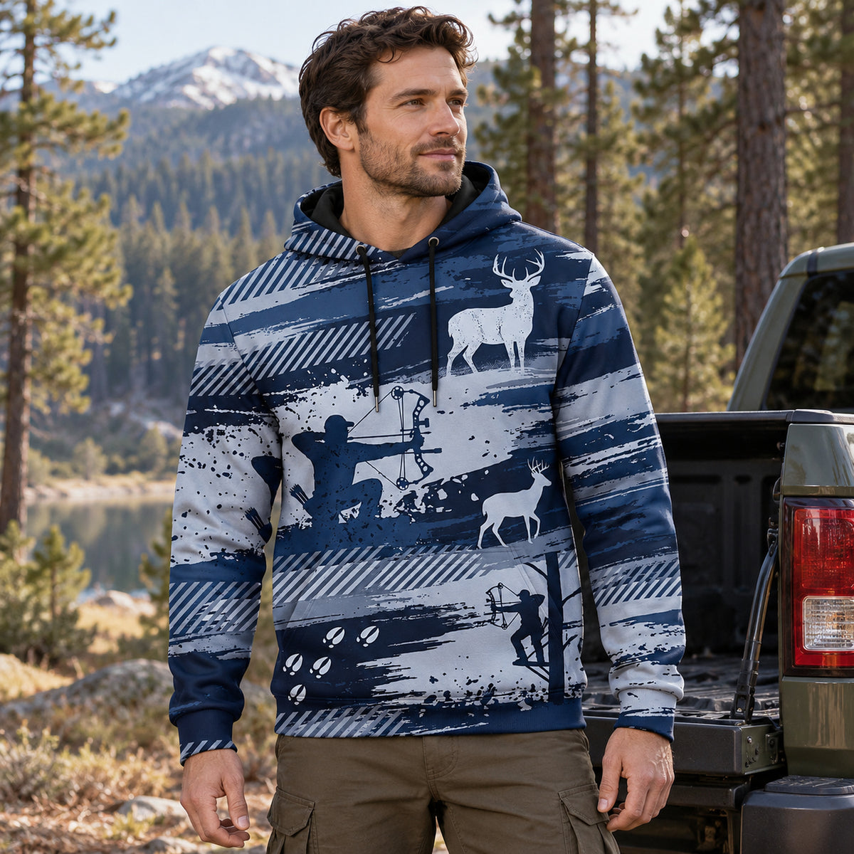 Whitetail Deer Indigo Stand Field Pullover Hoodie worn outdoors