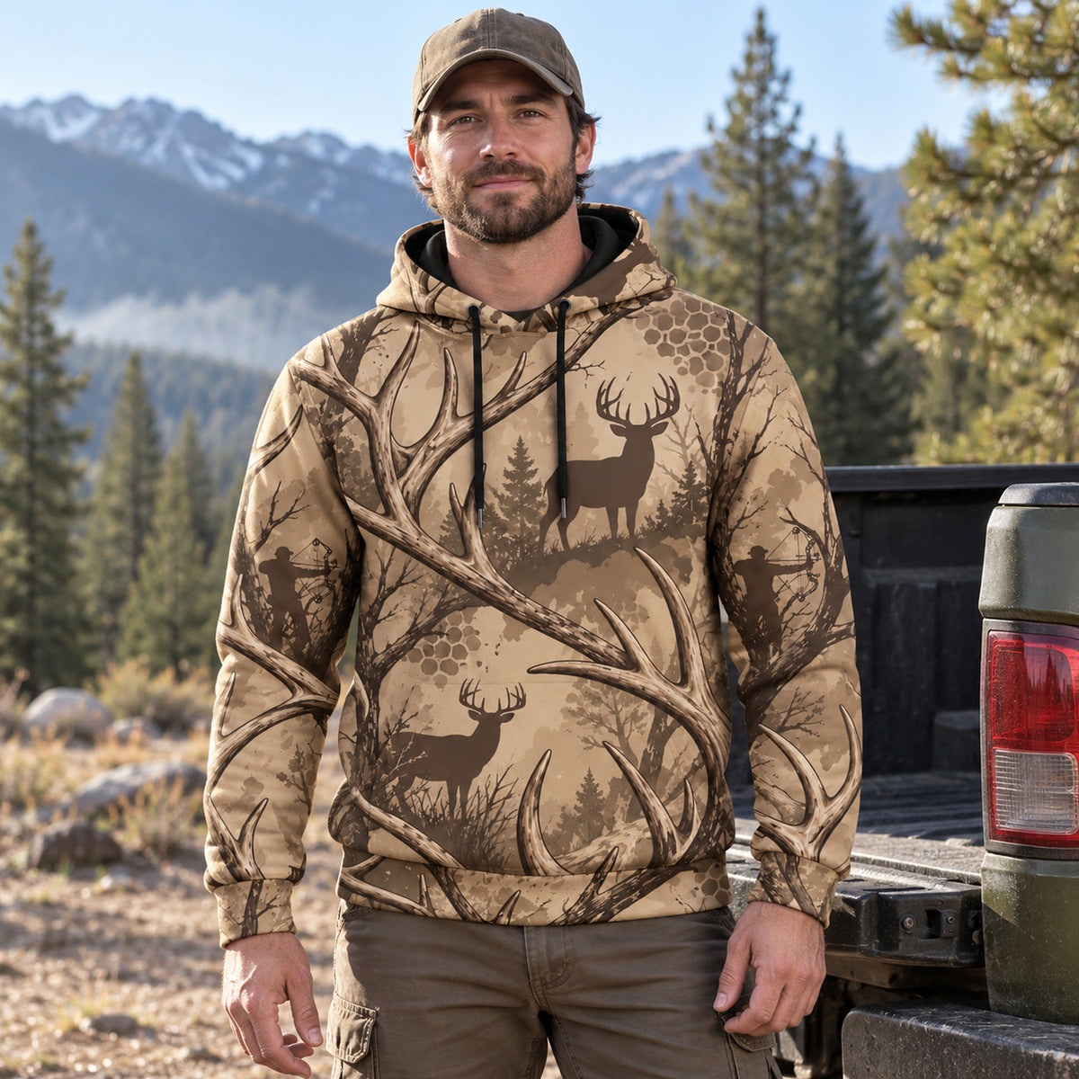 Whitetail Deer Antler Thicket Field Pullover Hoodie worn outdoors