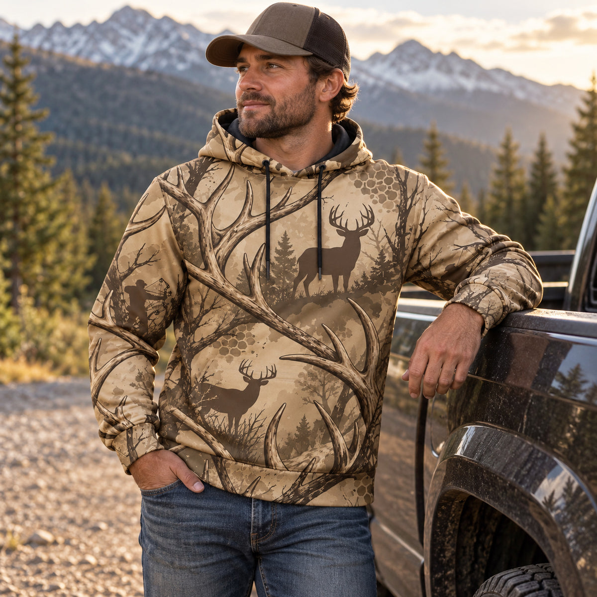 Whitetail Deer Antler Thicket Field Pullover Hoodie angled view