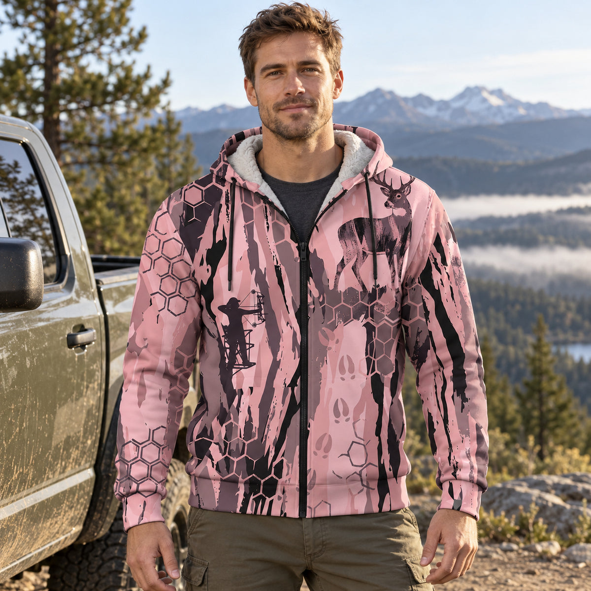 Whitetail Deer Rose Camo Fleece Full-Zip Hoodie worn outdoors