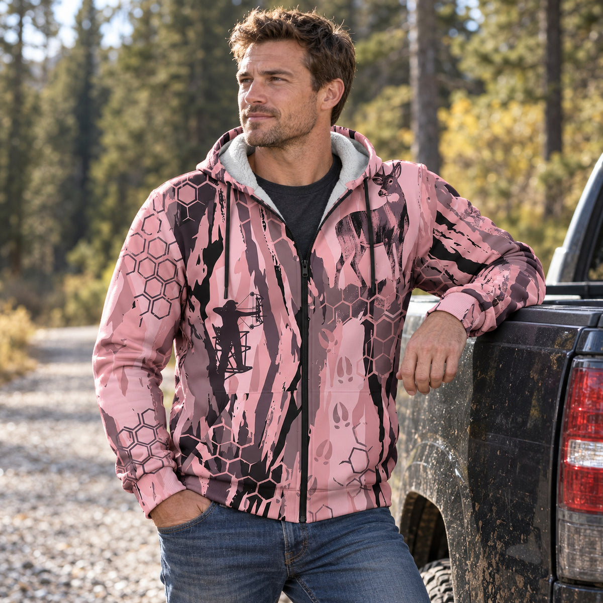 Whitetail Deer Rose Camo Fleece Full-Zip Hoodie angled view