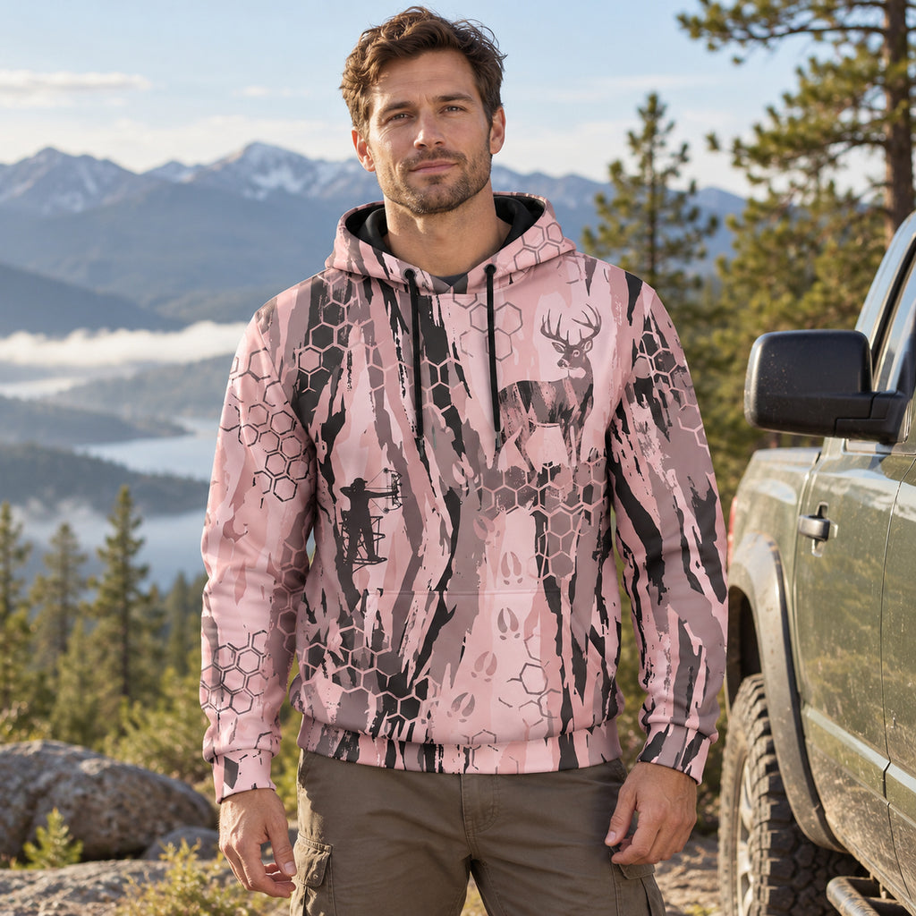 Whitetail Deer Rose Camo Field Pullover Hoodie worn outdoors