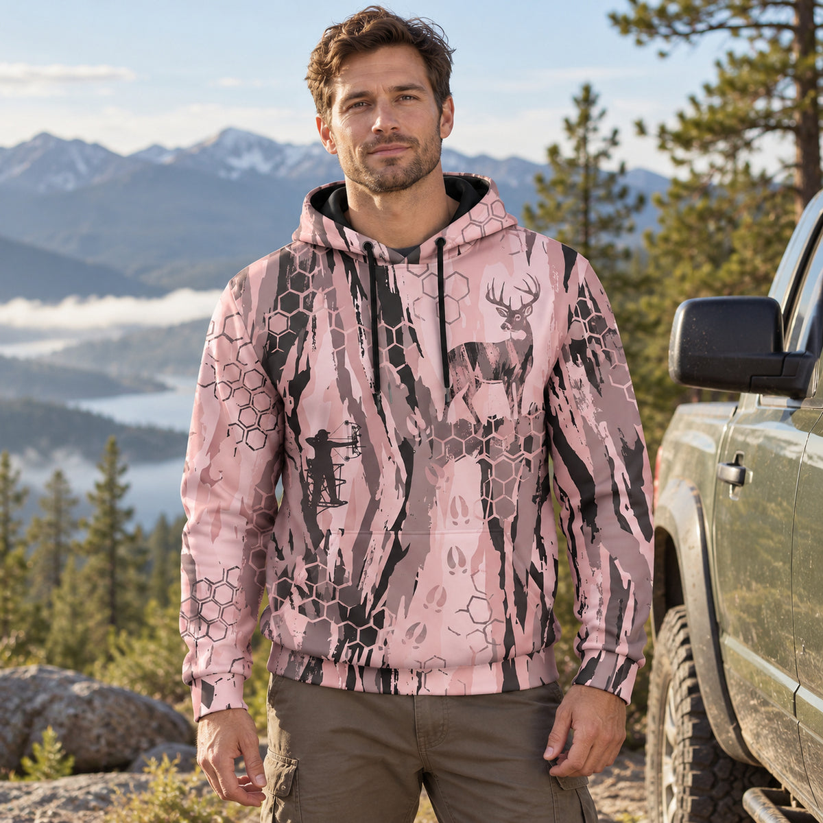 Whitetail Deer Rose Camo Field Pullover Hoodie worn outdoors