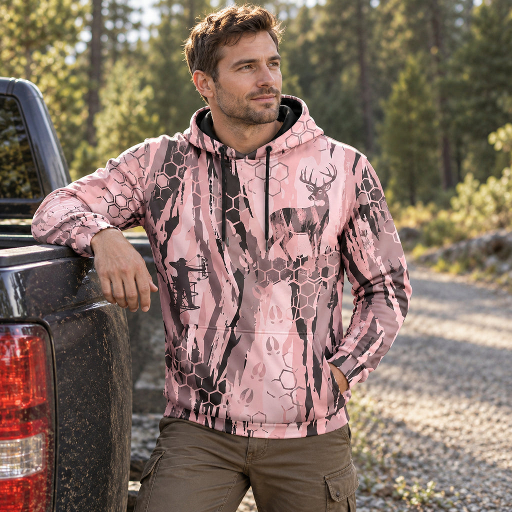 Whitetail Deer Rose Camo Field Pullover Hoodie angled view