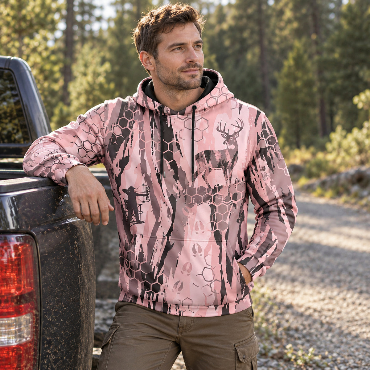 Whitetail Deer Rose Camo Field Pullover Hoodie angled view
