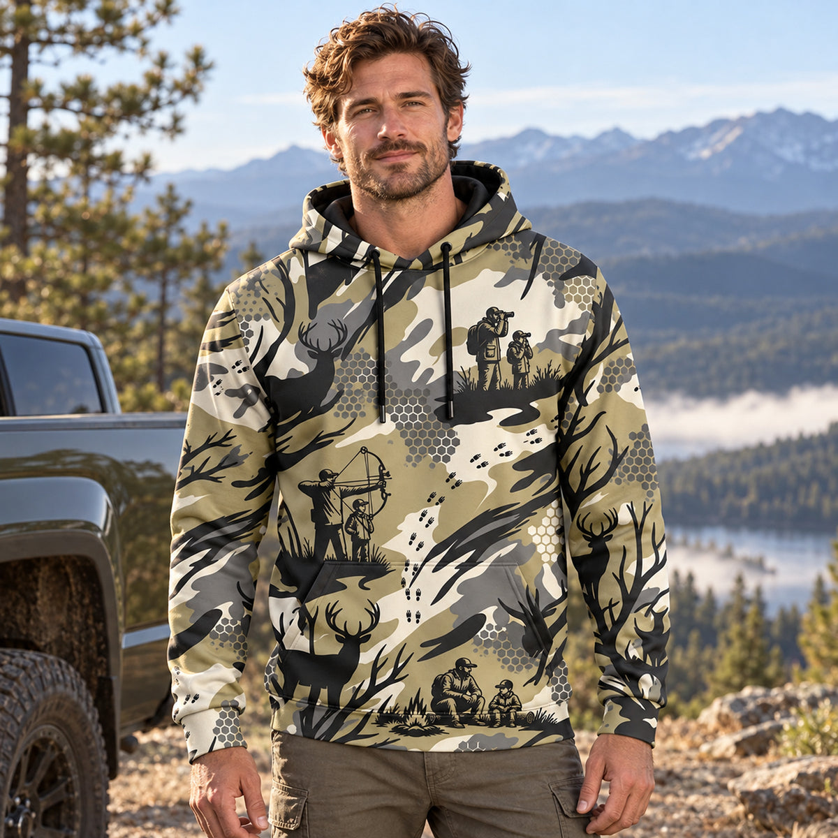 Whitetail Deer Sand Draw Field Pullover Hoodie worn outdoors