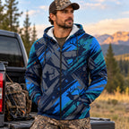 Elk Hunting Blue Slash Fleece Full-Zip Hoodie worn outdoors