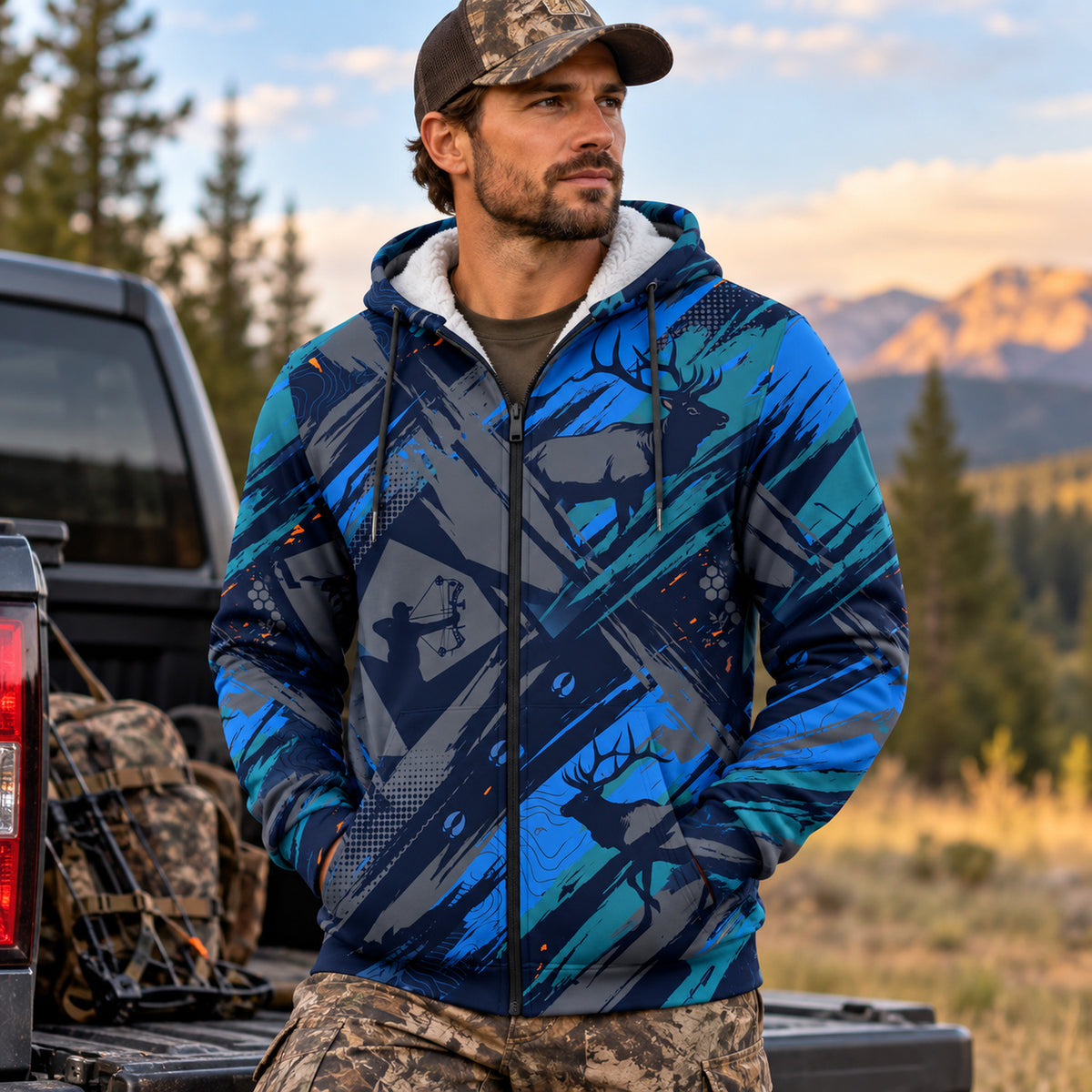 Elk Hunting Blue Slash Fleece Full-Zip Hoodie worn outdoors