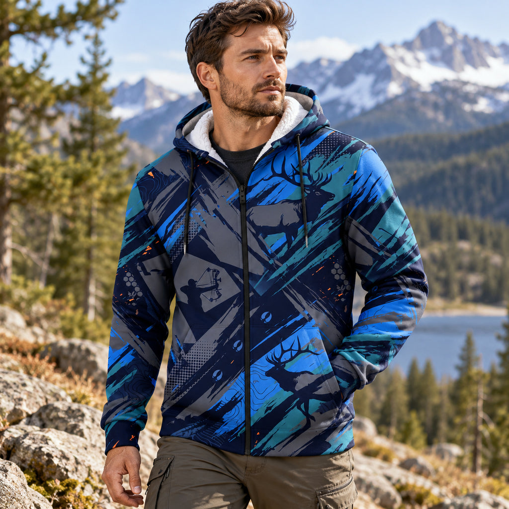 Elk Hunting Blue Slash Fleece Full-Zip Hoodie angled view