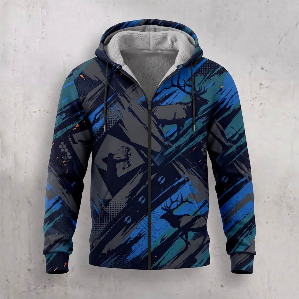 Elk Hunting Blue Slash Fleece Full-Zip Hoodie front