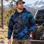Elk Hunting Blue Slash Field Pullover Hoodie worn outdoors