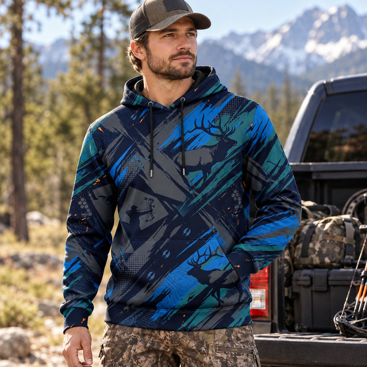Elk Hunting Blue Slash Field Pullover Hoodie worn outdoors