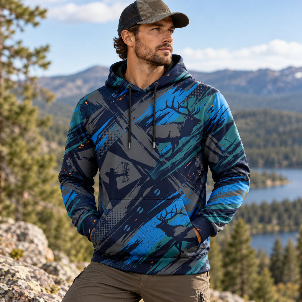 Elk Hunting Blue Slash Field Pullover Hoodie angled view