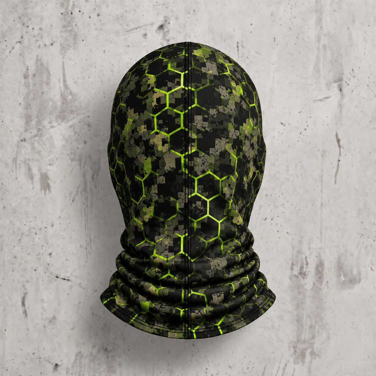 Back of the hooded face mask showing the all-over camo print