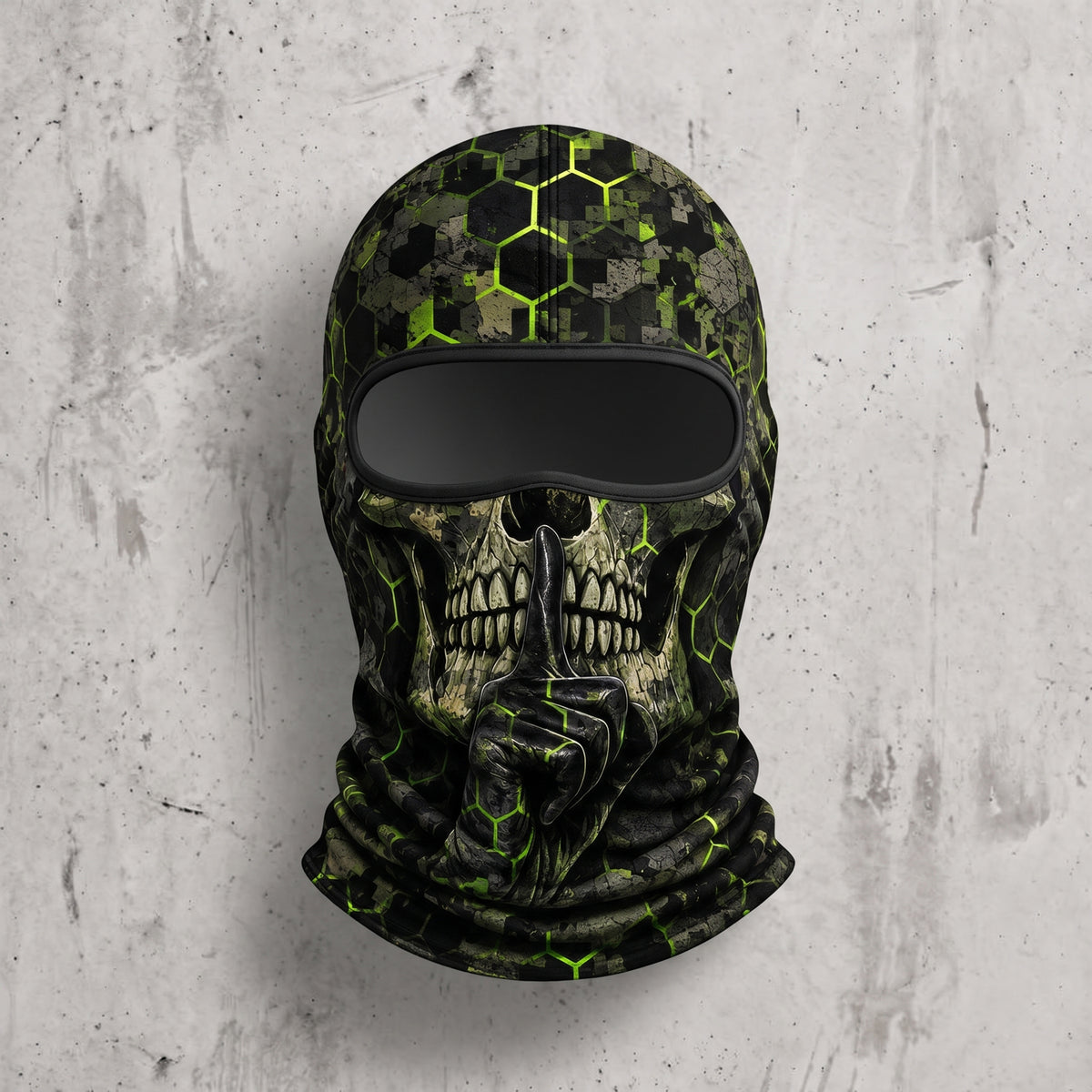 Hex hush skull camo hooded face mask, front view