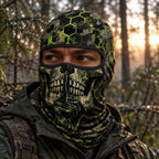 Hex hush skull camo balaclava worn on a head, front view