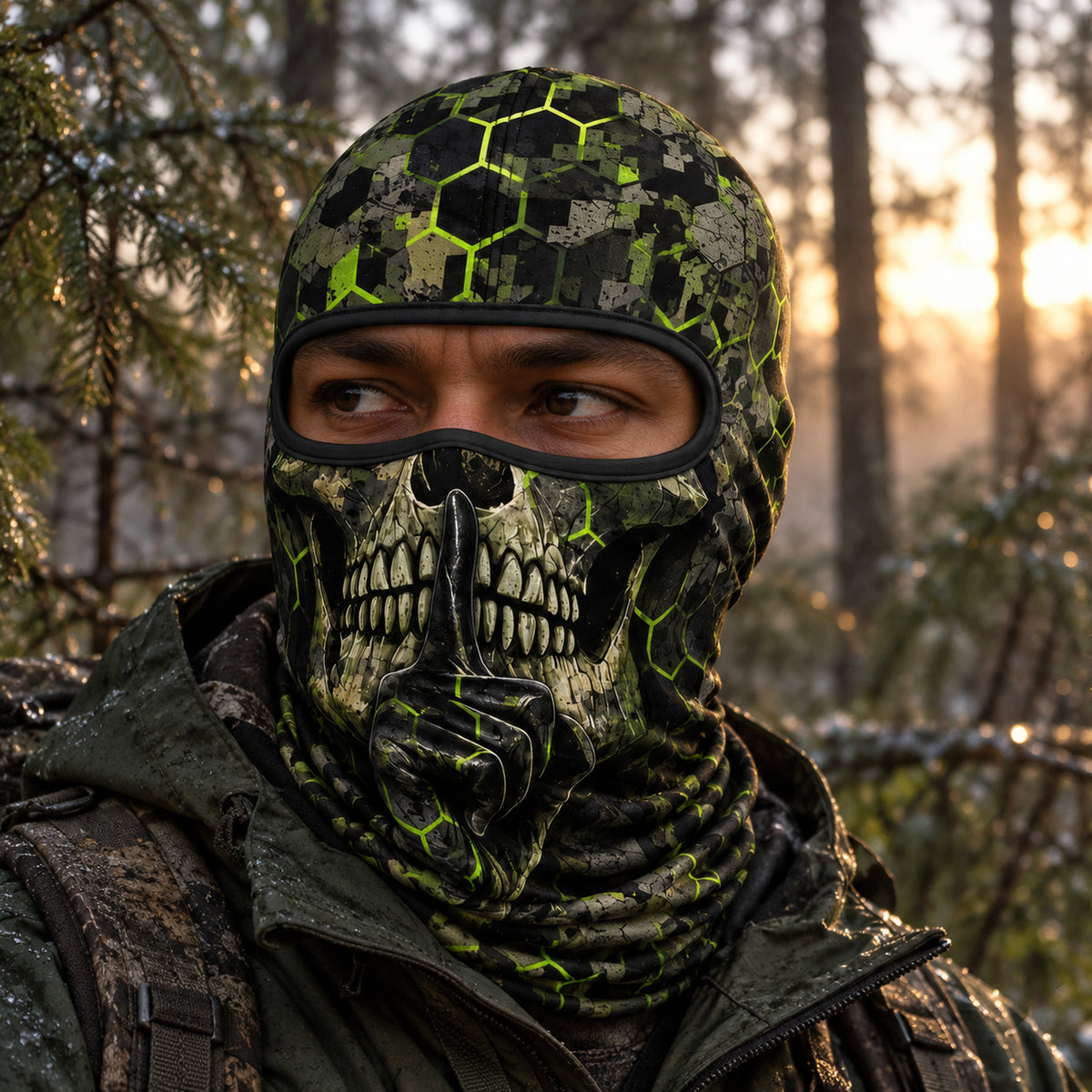 Hex hush skull camo balaclava worn on a head, front view