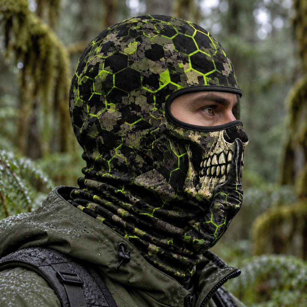 Hex hush skull camo balaclava worn on a head, side view