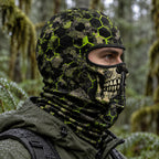 Hex hush skull camo balaclava worn on a head, side view
