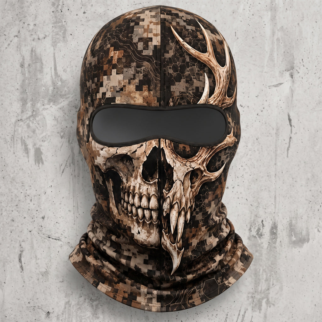 Fanged buck skull camo hooded face mask front