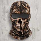 Fanged buck skull camo hooded face mask front